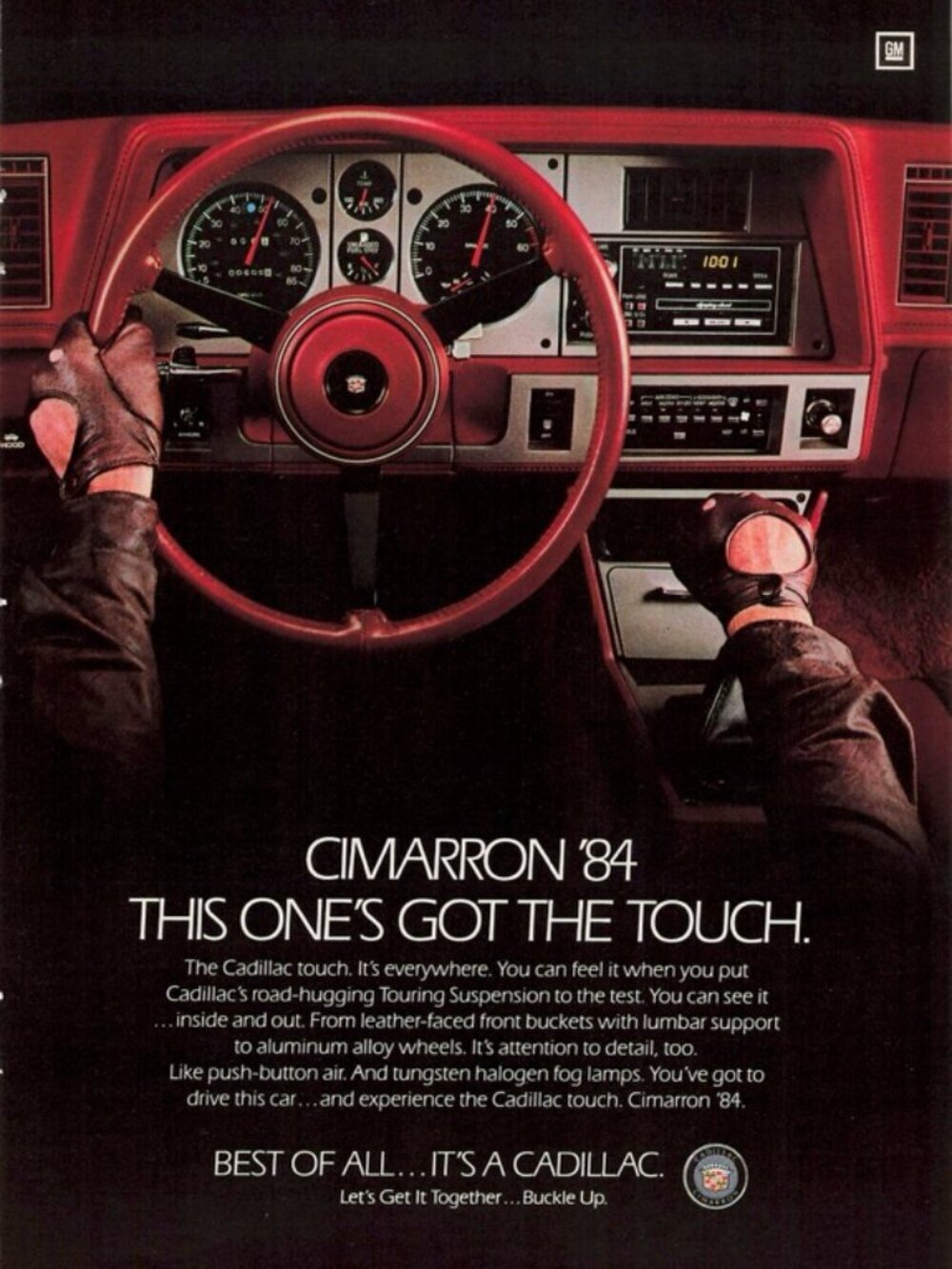 1983 Cadillac Cimarron '84 Vintage Print Ad Buckle Up Driving Gloves Red Car